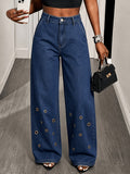 Women's High-waisted Wide-leg Jeans with Eyelet Embellishments; Featuring a Button-fly Closure and Side Pockets; Relaxed Fit with Tailored Detailing; Casual and Fashionable Style, Ideal for Streetwear, Casual Outings, Daily Wear, and Various - Blue