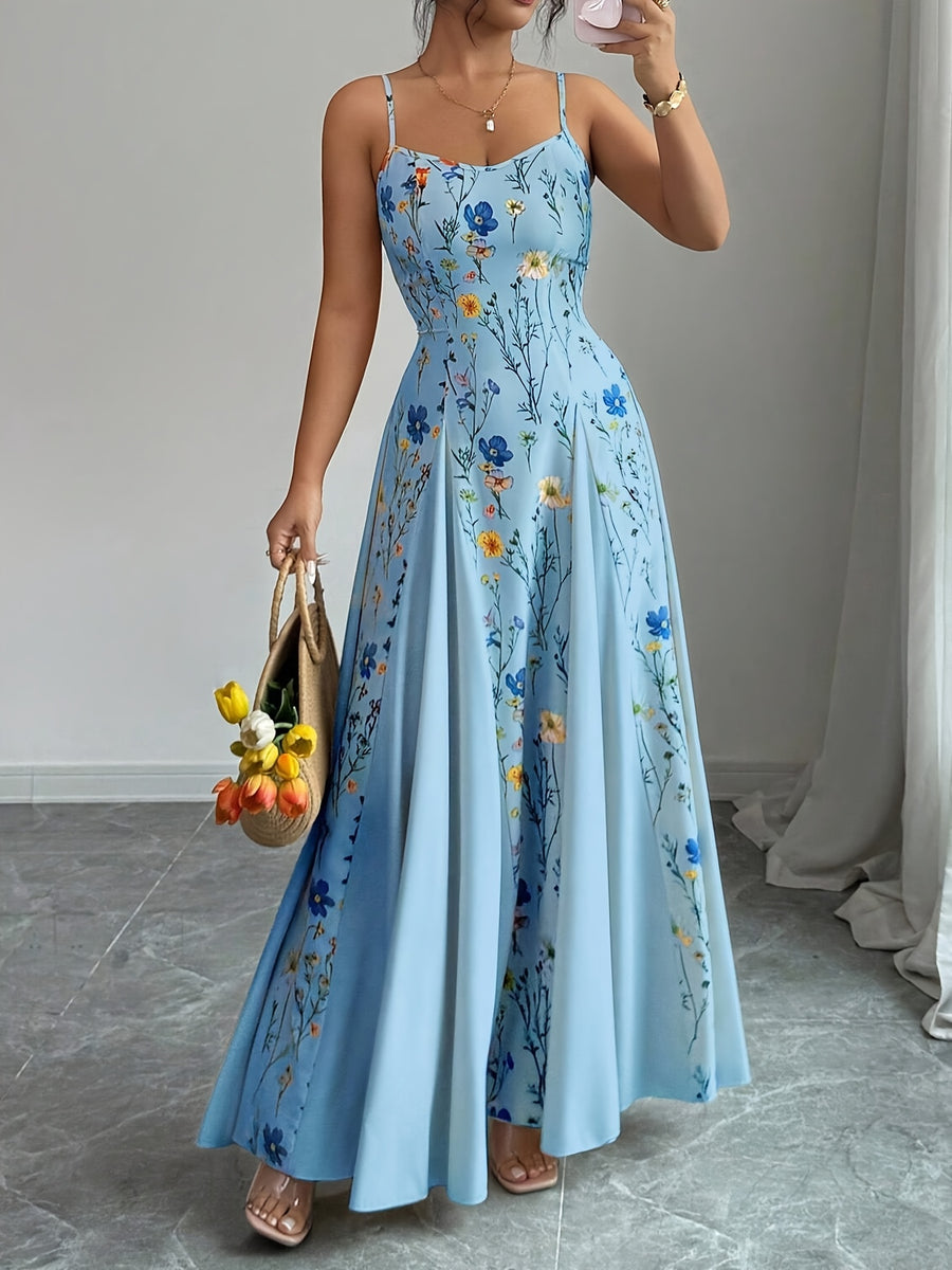 Spring And Summer New Elegant Resort European And American Fashion Trend Casual Women'S Clothing Floral Print Sleeveless Square Neck Suspender Dress - Sky Blue