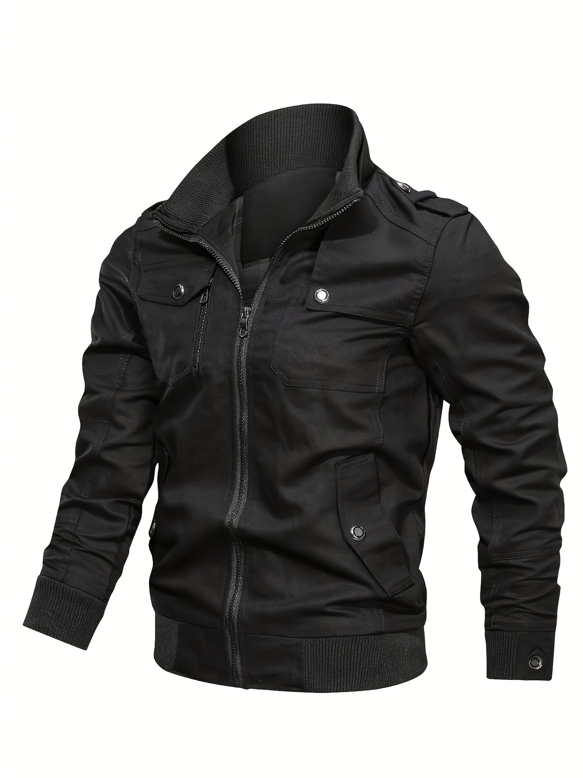 Outdoor Classic Casual Jacket, 1pc Men'S Jacket, Comfortable Utility Jacket, Pocket Zipper Design Utility Style, Fall Winter Slim Commute Daily Jacket Fit, Compliant with US Size - Black