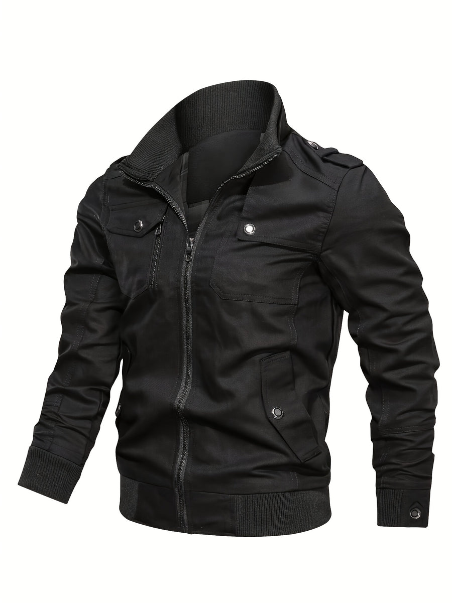 Outdoor Classic Casual Jacket, 1pc Men'S Jacket, Comfortable Utility Jacket, Pocket Zipper Design Utility Style, Fall Winter Slim Commute Daily Jacket Fit, Compliant with US Size - Black