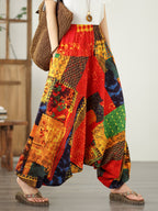 9531# Real Shot New Style Elegant Wide-Leg Pants Floral Print Flared Pants Casual Loose Pants Ethnic Style Harem Pants - Red