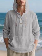 Men's Casual Linen Hoodie, Long Sleeve Henley Button Pullover. Crafted from Soft, Lightweight and Breathable Fabric, It Features a Relaxed Fit and Front Kangaroo Pocket. Ideal for Beach Vacations, Outdoor Activities, Travel and Daily Casual Wear. - Grey