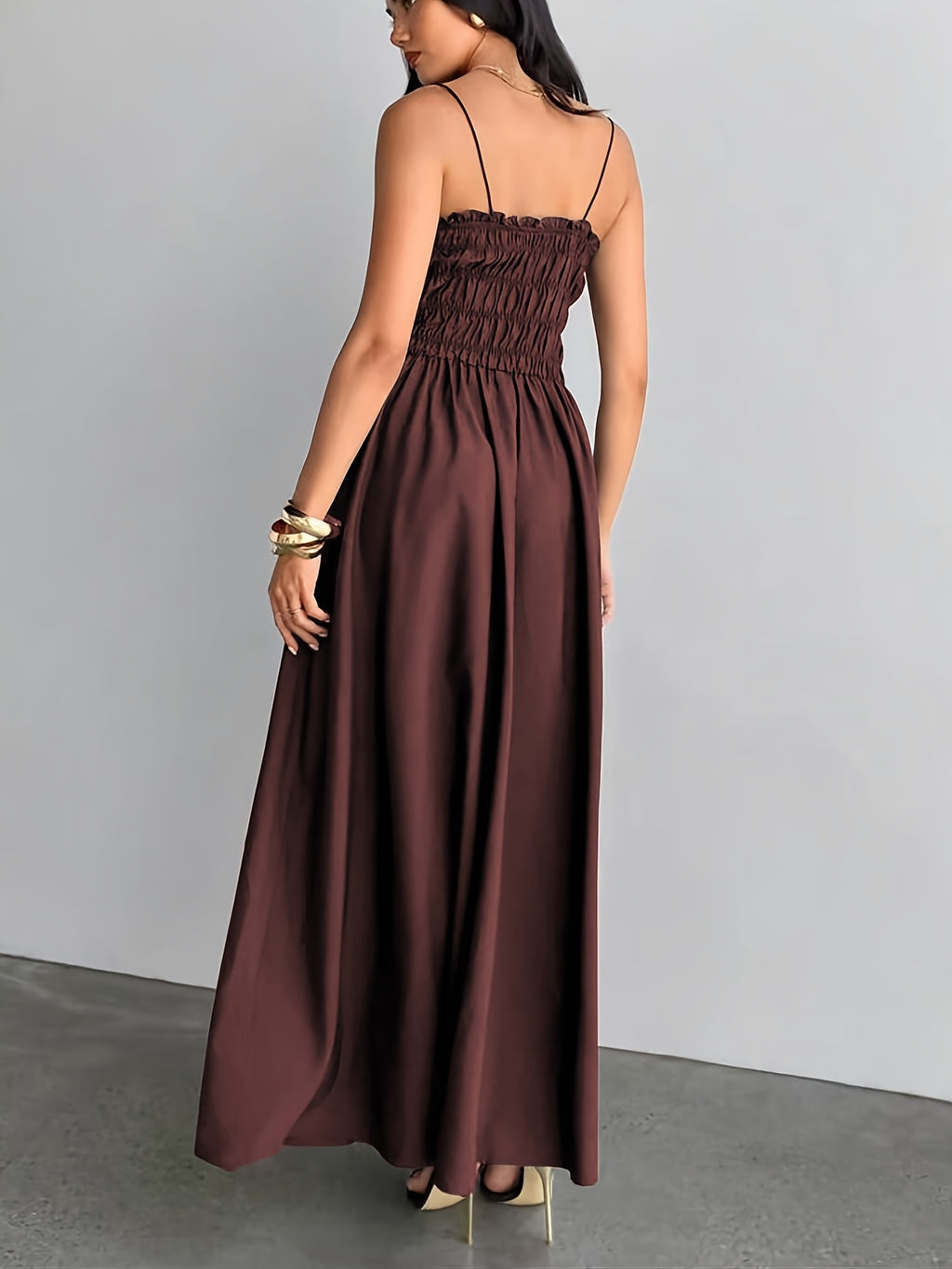 Women's Strapless Shirred Camisole Maxi Dress - High-Waisted A-Line Bridesmaid Dress with Thin Shoulder Strap & Smock Top, Solid Color Suitable for Wedding Guest Dresses, Daily Wear, Parties, Vacations, Machine Washable - Burgundy