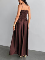 Women's Strapless Shirred Camisole Maxi Dress - High-Waisted A-Line Bridesmaid Dress with Thin Shoulder Strap & Smock Top, Solid Color Suitable for Wedding Guest Dresses, Daily Wear, Parties, Vacations, Machine Washable - Burgundy