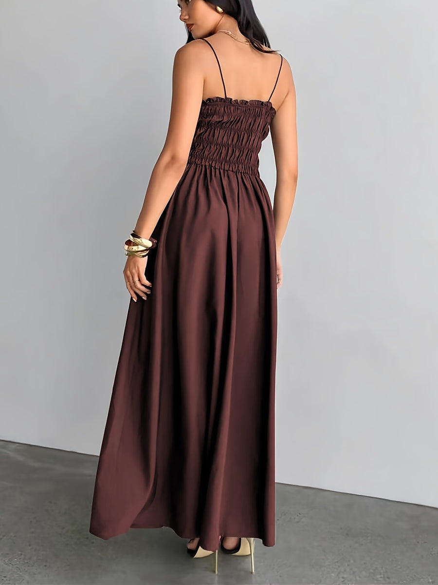 Women's Strapless Shirred Camisole Maxi Dress - High-Waisted A-Line Bridesmaid Dress with Thin Shoulder Strap & Smock Top, Solid Color Suitable for Wedding Guest Dresses, Daily Wear, Parties, Vacations, Machine Washable - Burgundy