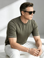 Business-casual Men's Crew Neck Short-sleeve Knit T-shirt, Slim-fit Lightweight and Breathable Knit Top, with Contrast-color Stitching and Letter Embroidery on the Cuffs, Suitable for Daily Wear, Office, and Weekend Outings in Summer - fern green