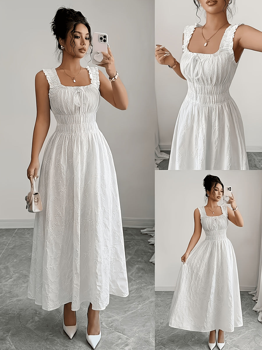 Women'S Spring Summer Solid Color Jacquard Fabric Elegant Long Dress, Made of Floral Textured Fabric, Featuring Thin Straps, Bow Design And Ruched Waist, Presenting a Fashionable, Versatile, Elegant And Exquisite Look - White