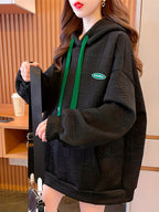 NEW Fashionable Hooded Sweatshirt for Women, Korean Style, Loose Fit, Oversized, Thin Fabric, with Back Collar and Jacquard Pattern - Black