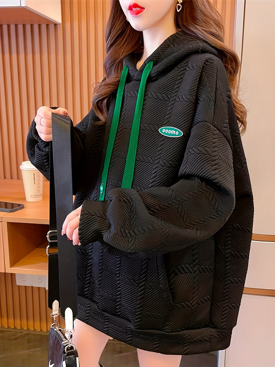 NEW Fashionable Hooded Sweatshirt for Women, Korean Style, Loose Fit, Oversized, Thin Fabric, with Back Collar and Jacquard Pattern - Black