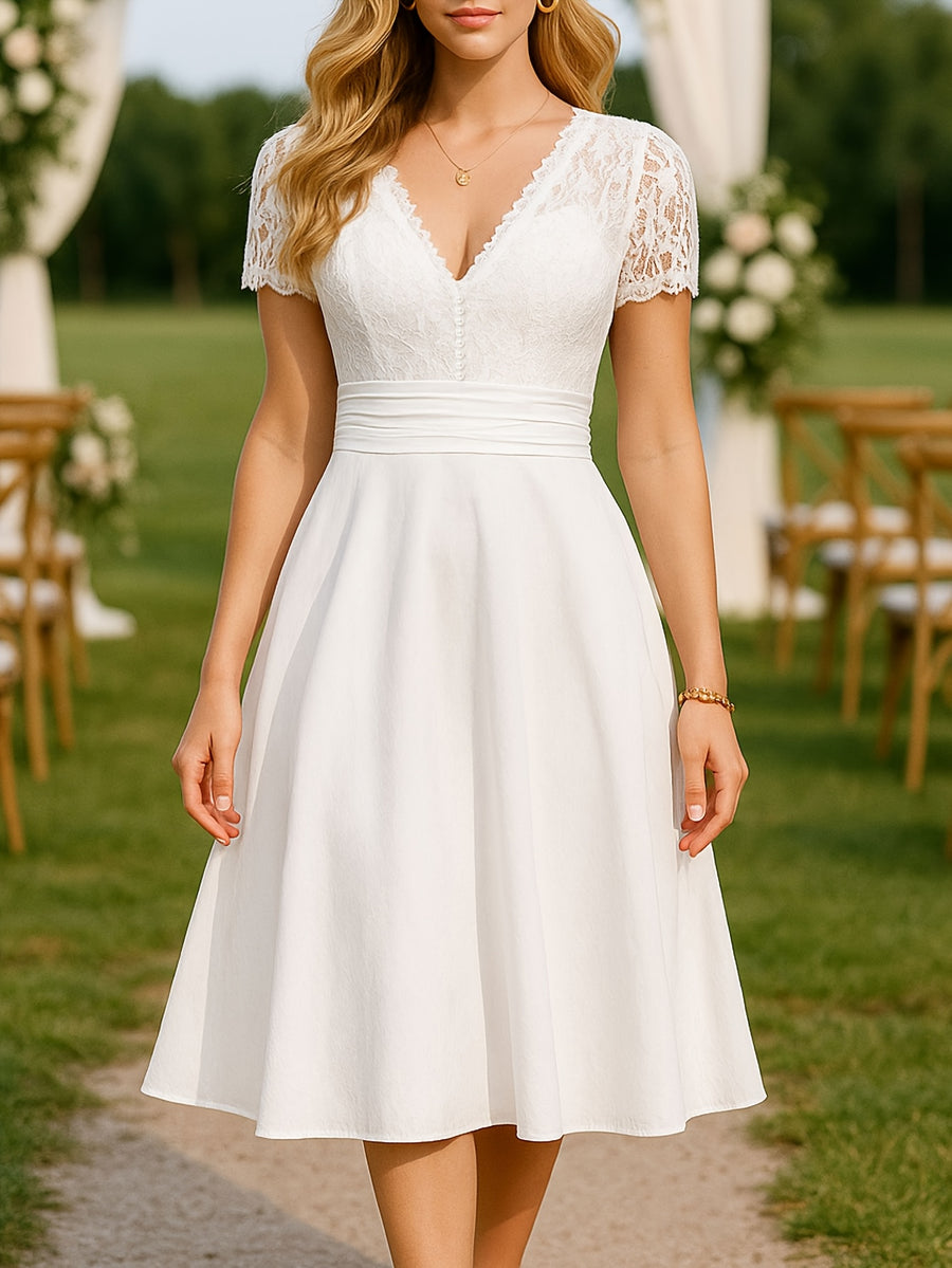 Spring Summer Women'S Elegant Pure V-Neck Lace Short Sleeve Midi Dress, Suitable for Weddings And Garden Parties And Other Special Occasions - Ivory White