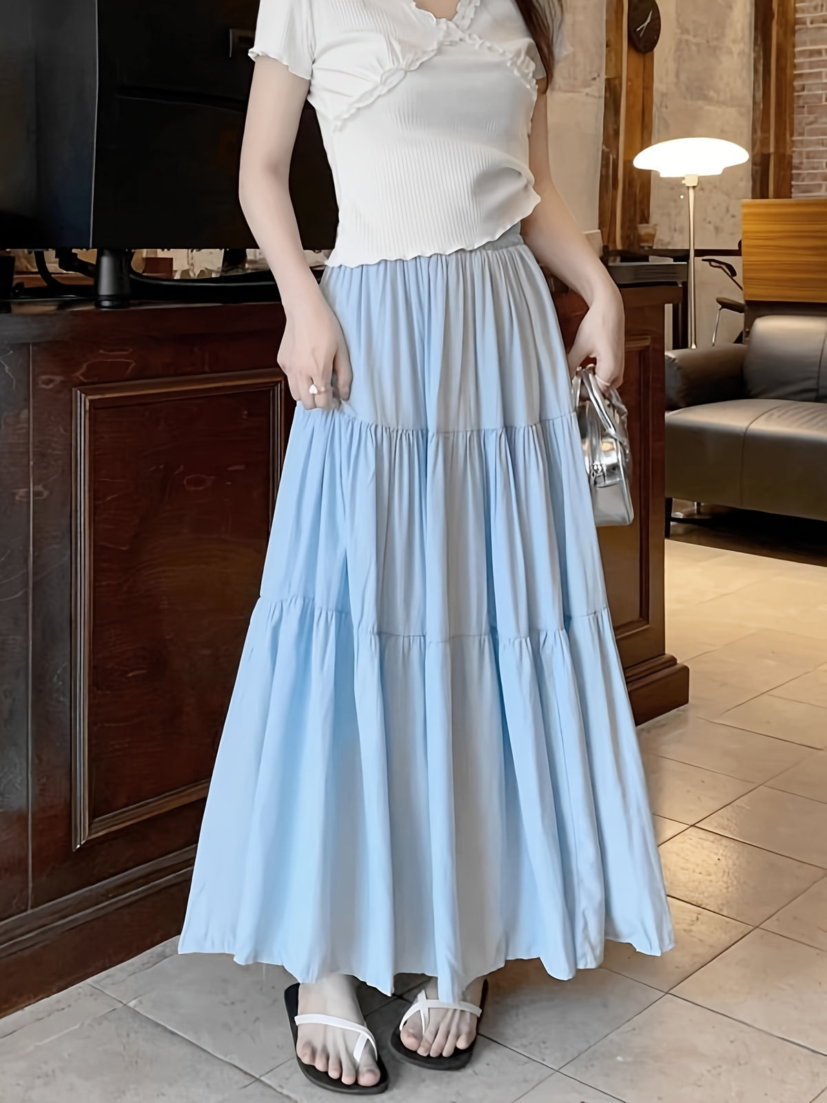 Gentle Style Half Skirt Women'S Casual Elegant Commute Drape Cake Dress Long Skirt - Sky Blue
