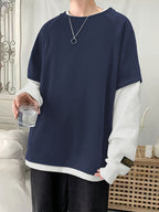 Spring/Autumn Round Neck 2-in-1 Look Long Sleeve Sweatshirt for Men, Loose Fit Versatile Casual Contrast Color Top - Blue And White