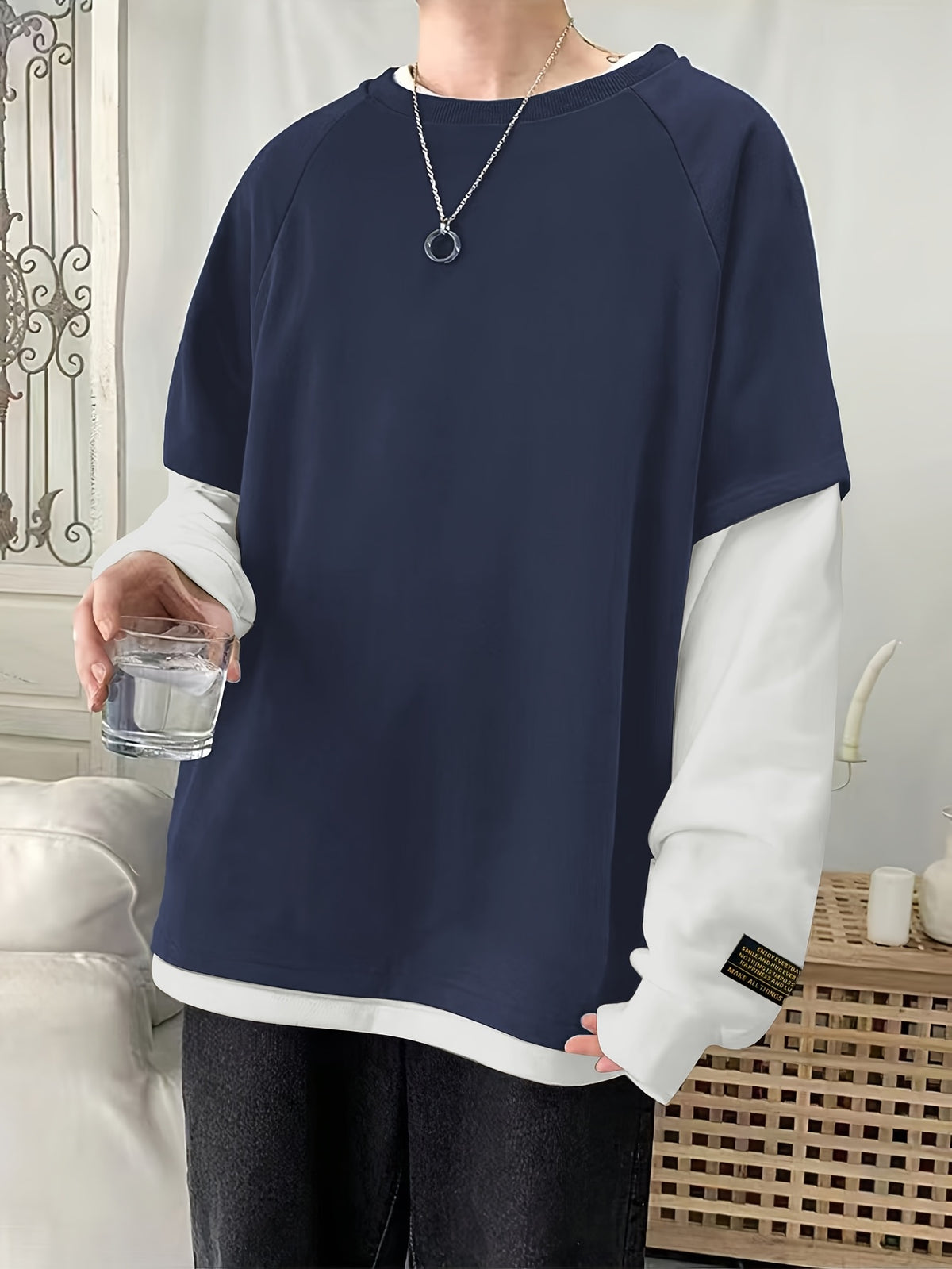 Spring/Autumn Round Neck 2-in-1 Look Long Sleeve Sweatshirt for Men, Loose Fit Versatile Casual Contrast Color Top - Blue And White