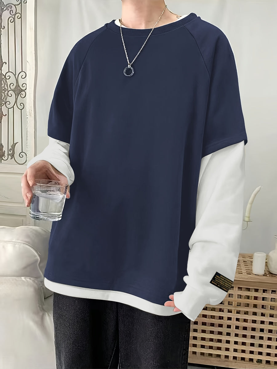Spring/Autumn Round Neck 2-in-1 Look Long Sleeve Sweatshirt for Men, Loose Fit Versatile Casual Contrast Color Top - Blue And White