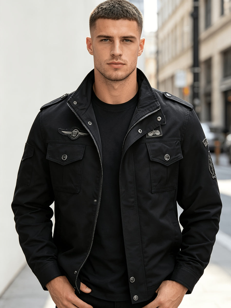 Men'S Vintage Cargo Bomber Jacket, Multi-Pocket Embroidered Stand Collar Autumn Winter Casual Coat - Black