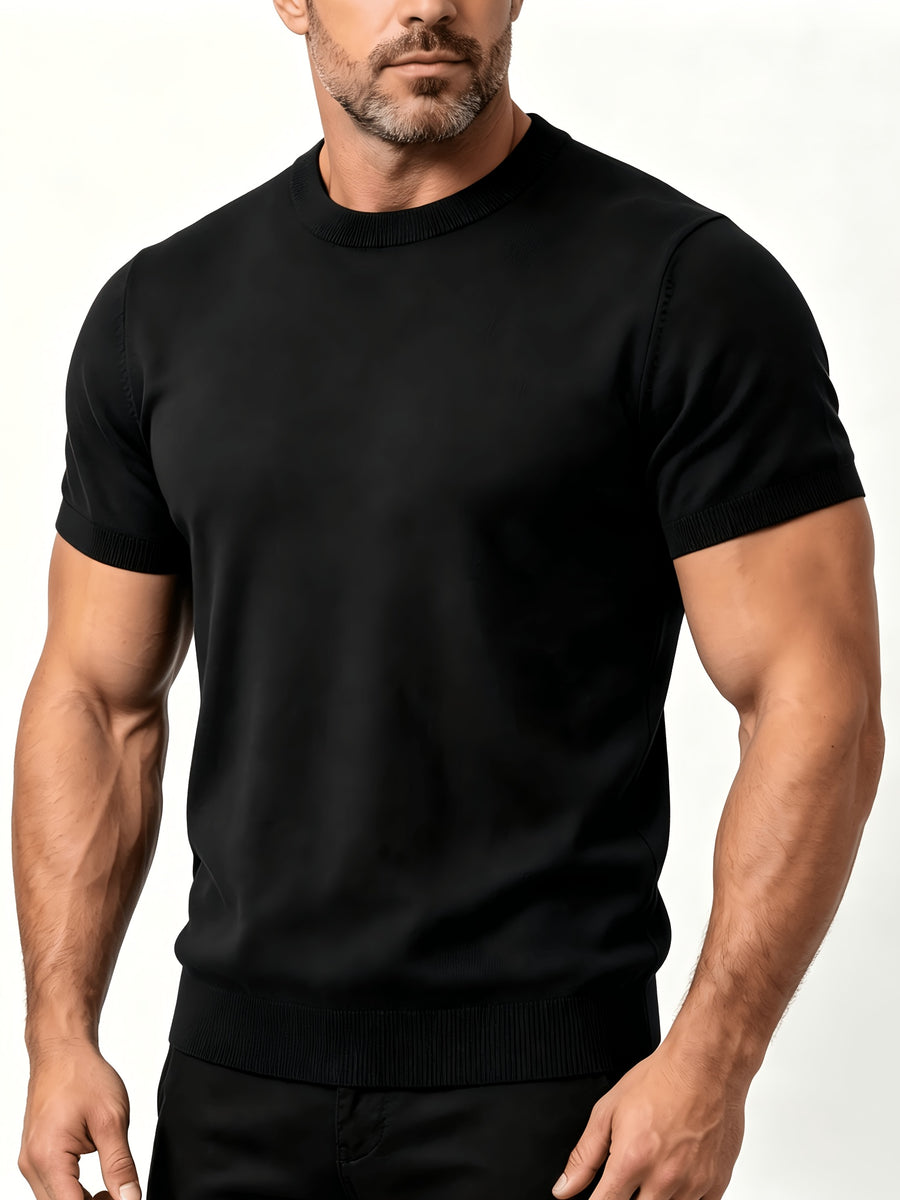 Men'S 2026 Summer Short Sleeve Round Neck Knit T-Shirt, Solid Soft Fine Knit Regular Fit Casual Top, Easy Fashion Breathable Tee, Suitable for Daily Wear, Business Commute, Vacation And Weekend Leisure - Black