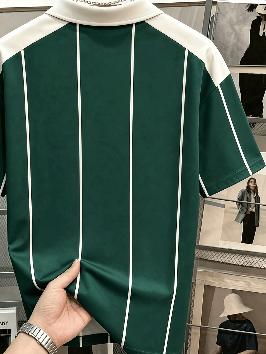 Men'S Retro Color-Block Pinstripe Polo Shirt, Short Sleeve Lapel Casual Summer Daily Golf Top, Suitable for Outings, Travel, Outdoor Wear, Polo Shirt (Latin America) - Dark Green