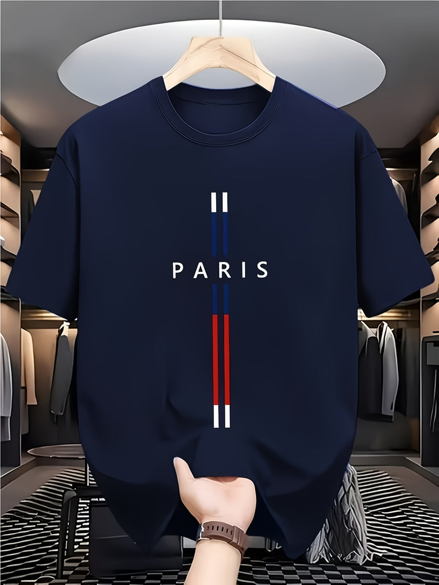 Men'S 2D Novelty Short Sleeve T-Shirt Printed with Minimalist Snowy Paris Elements Pattern, Loose Comfortable Crew Neck, Street Trendy Casual Summer Top, Breathable Fabric - Navy Color