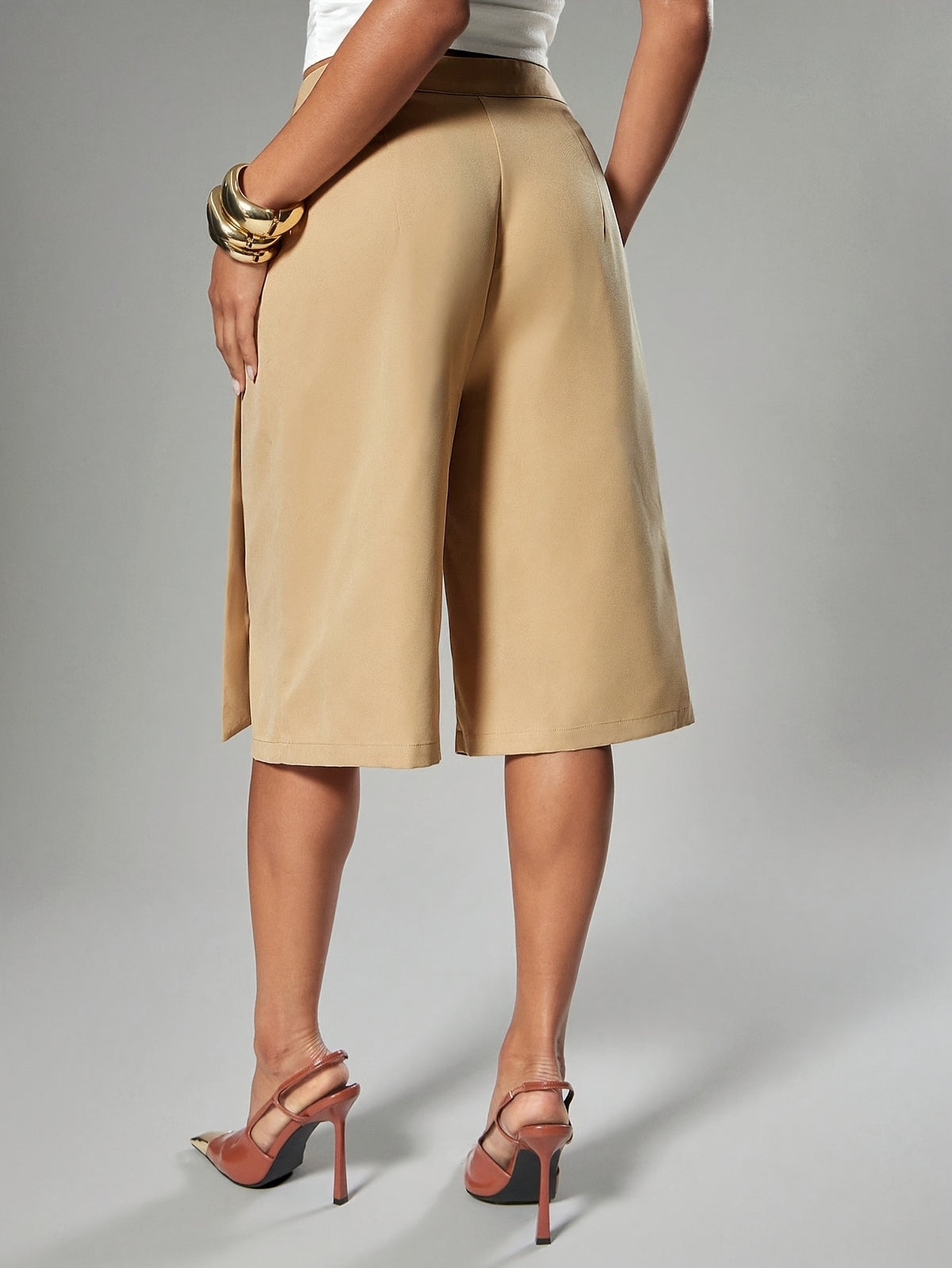 Women'S Sexy Casual Solid Color Slim Fit Wrap Wide Leg Bermuda 7-Point Pants with Tie Detail - Khaki