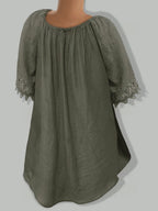 Bohemian Style V-Neck Tie-Up Lace Blouse, Loose Fit Flared Sleeve Breathable Top - Olive Green