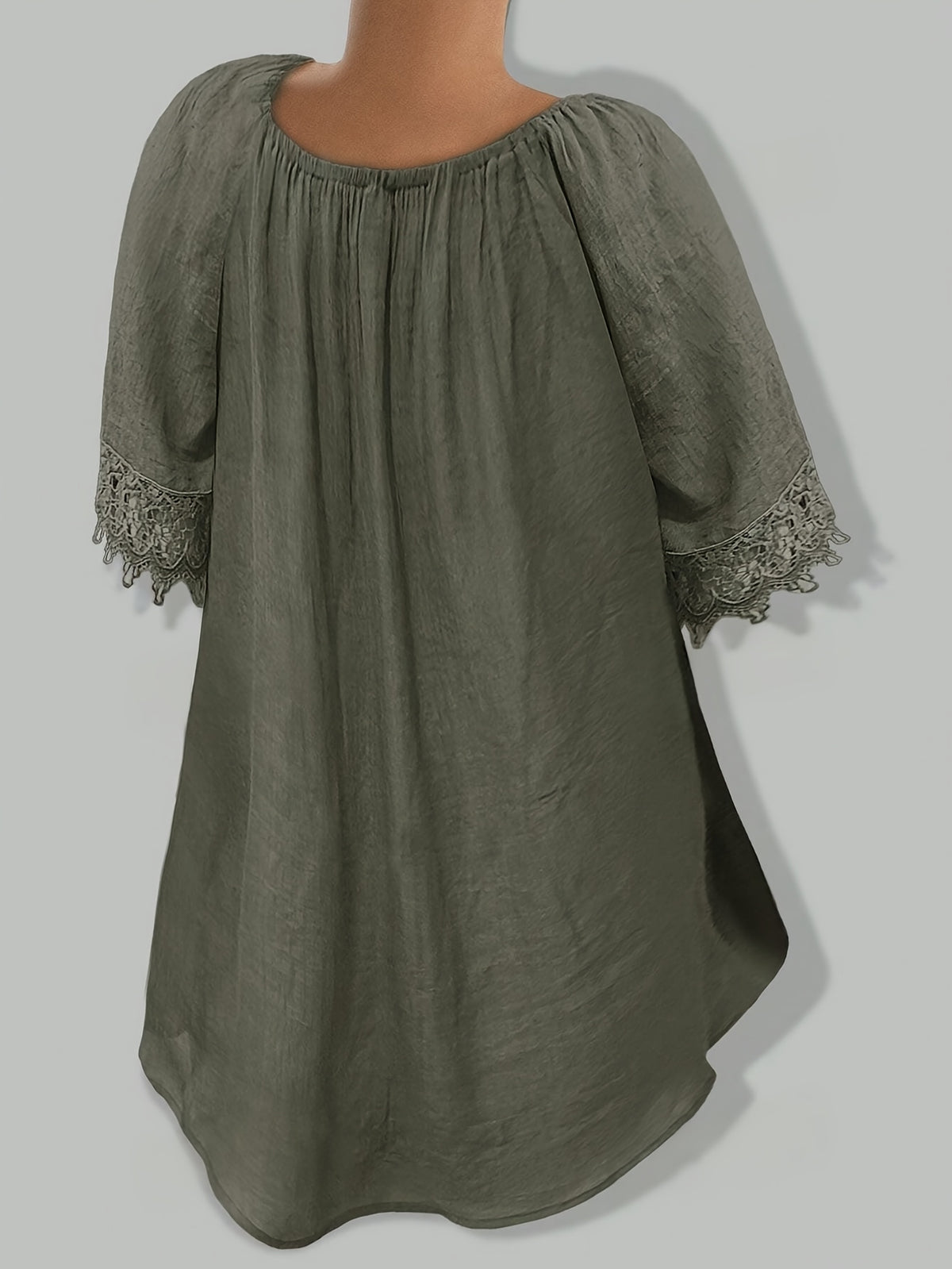 Bohemian Style V-Neck Tie-Up Lace Blouse, Loose Fit Flared Sleeve Breathable Top - Olive Green