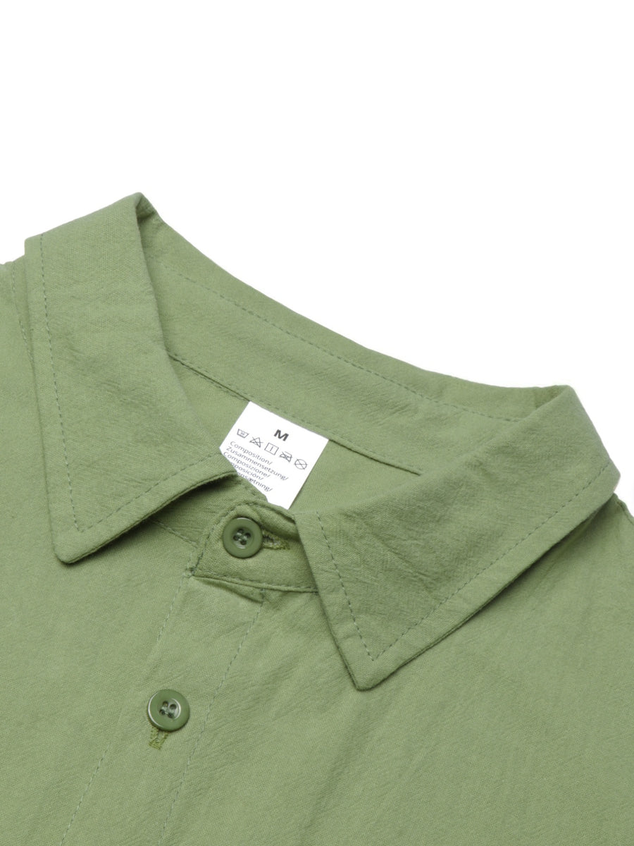 Retro Casual Men'S Long Sleeve Cardigan Shirt TOHATSU Logo Easy Letter Print Textured Loose Casual Shirt - Military Green