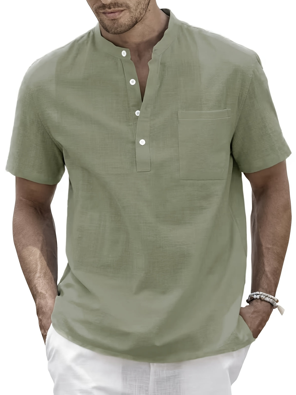 Men'S Summer Henley Collar Short Sleeve T-Shirt, Stand-Up Collar Casual Top, Breathable Linen, for Pool Parties, Beach Vacations, Ideal Choice for Beachwear Gifts - Green