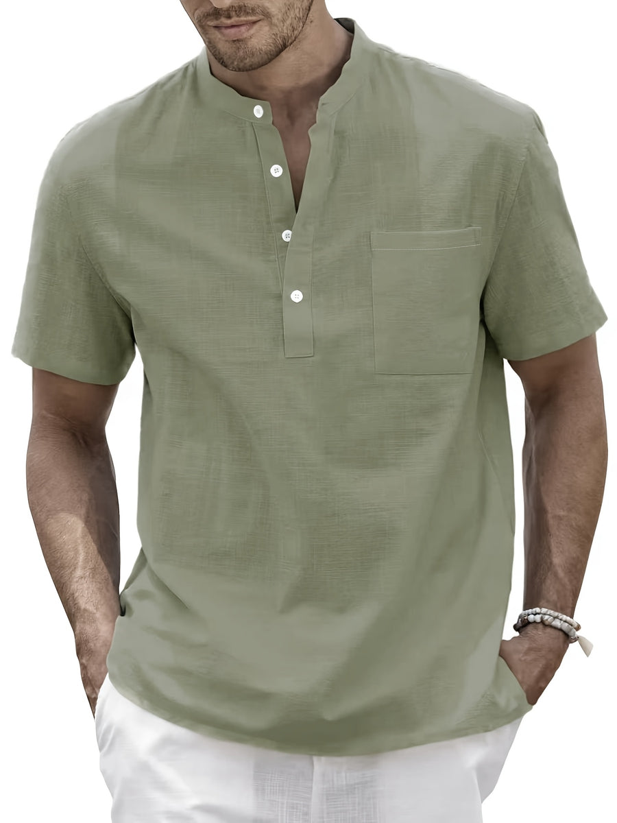 Men'S Summer Henley Collar Short Sleeve T-Shirt, Stand-Up Collar Casual Top, Breathable Linen, for Pool Parties, Beach Vacations, Ideal Choice for Beachwear Gifts - Green