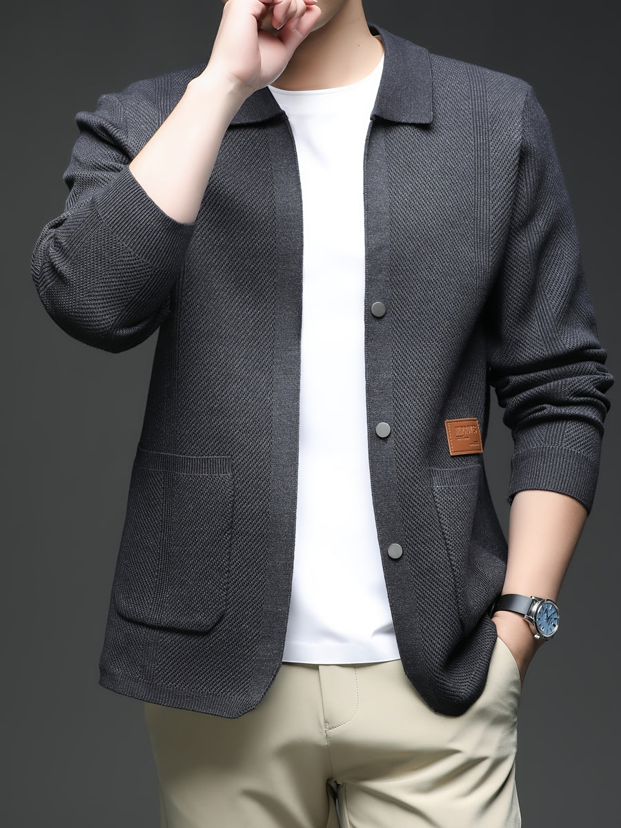 [Wading Whale OBM] Spring/Summer New Men'S Knit Cardigan, Old Money Style Solid Color V-Neck Long Sleeve Open Front Sweater Jacket with Single Button Closure And Side Pockets, Suitable for Spring And Autumn Layering Or Outerwear - Dark Gray