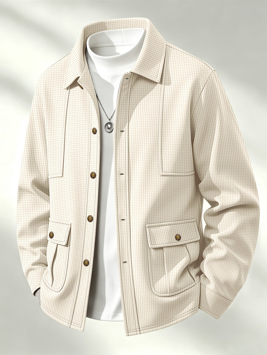 Men'S New Fall Winter Waffle Knit Shirt Jacket with Lapel, Multi-Pocket Button-Front Cargo Jacket - Khaki