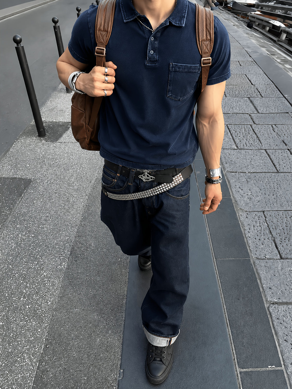 Casual Date Outdoor Men'S Polo Shirt, Breathable Sweat-Wicking Stylish Business Style, Minimal Street Style, Vintage Distressed Navy, Lapel with 3 Buttons, Functional Patch Pocket on Chest, Side Slit Hem, Loose Fit Men'S Short Sleeve Top - Navy Color