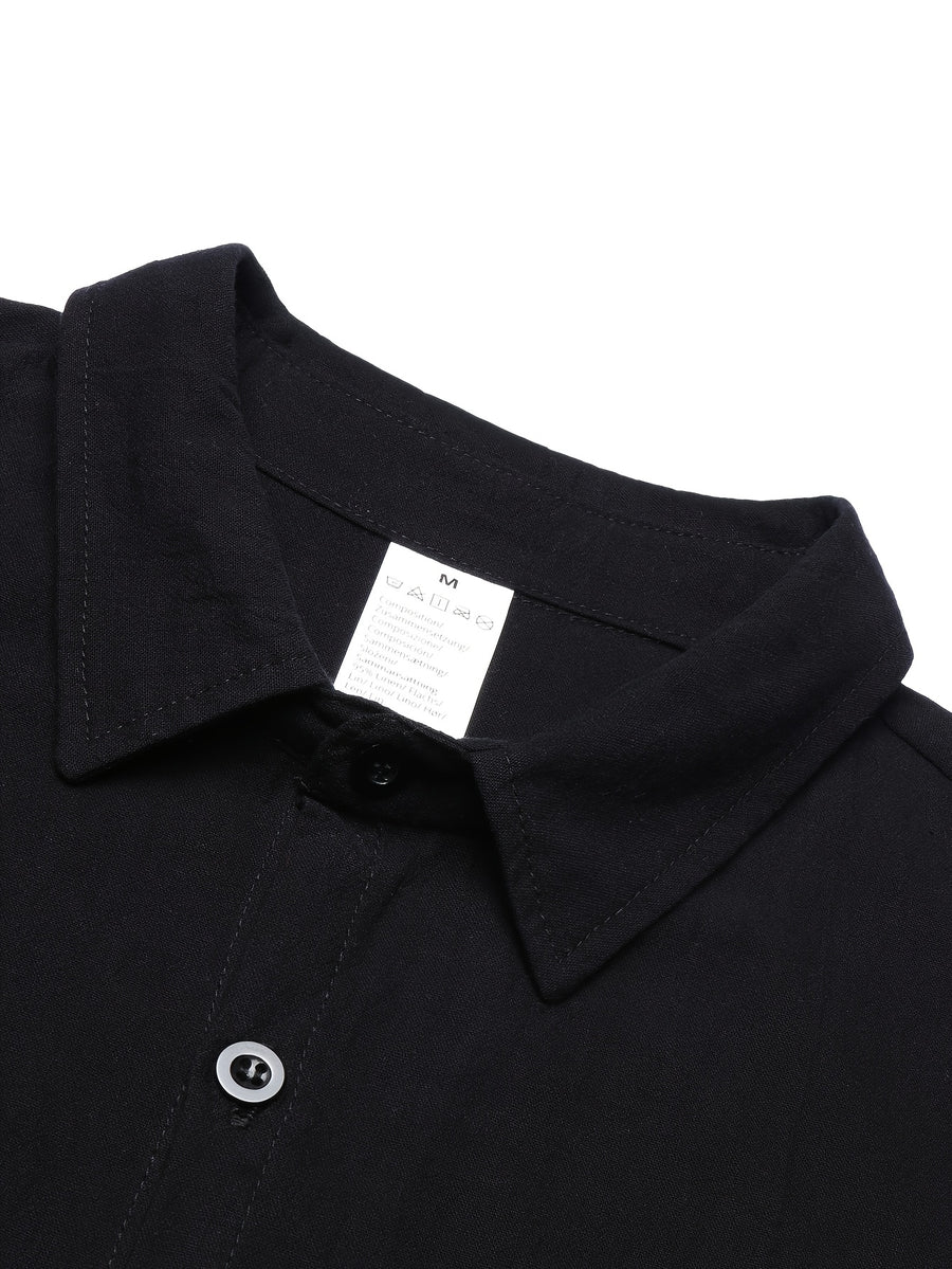 4pcs Set Men's Spring/Autumn New Trendy Fashion Solid Color Linen Long Sleeve Button-Up Lapel Top for Daily Commuting, Outings, Fitness, Vacation, Business, Casual, and Sports - Black + Army Green + Khaki + Light Blue