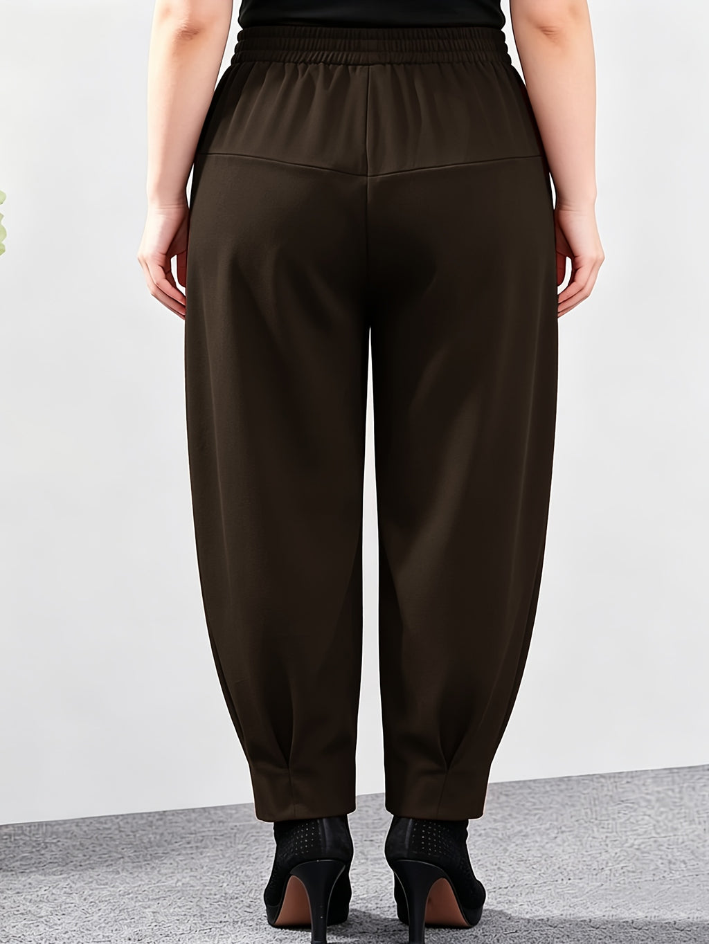 Plus Size - Women'S Plus Size Spring And Autumn New Harem Pants, Slim-Fit Elastic Waist Casual Trousers - Coffee Color