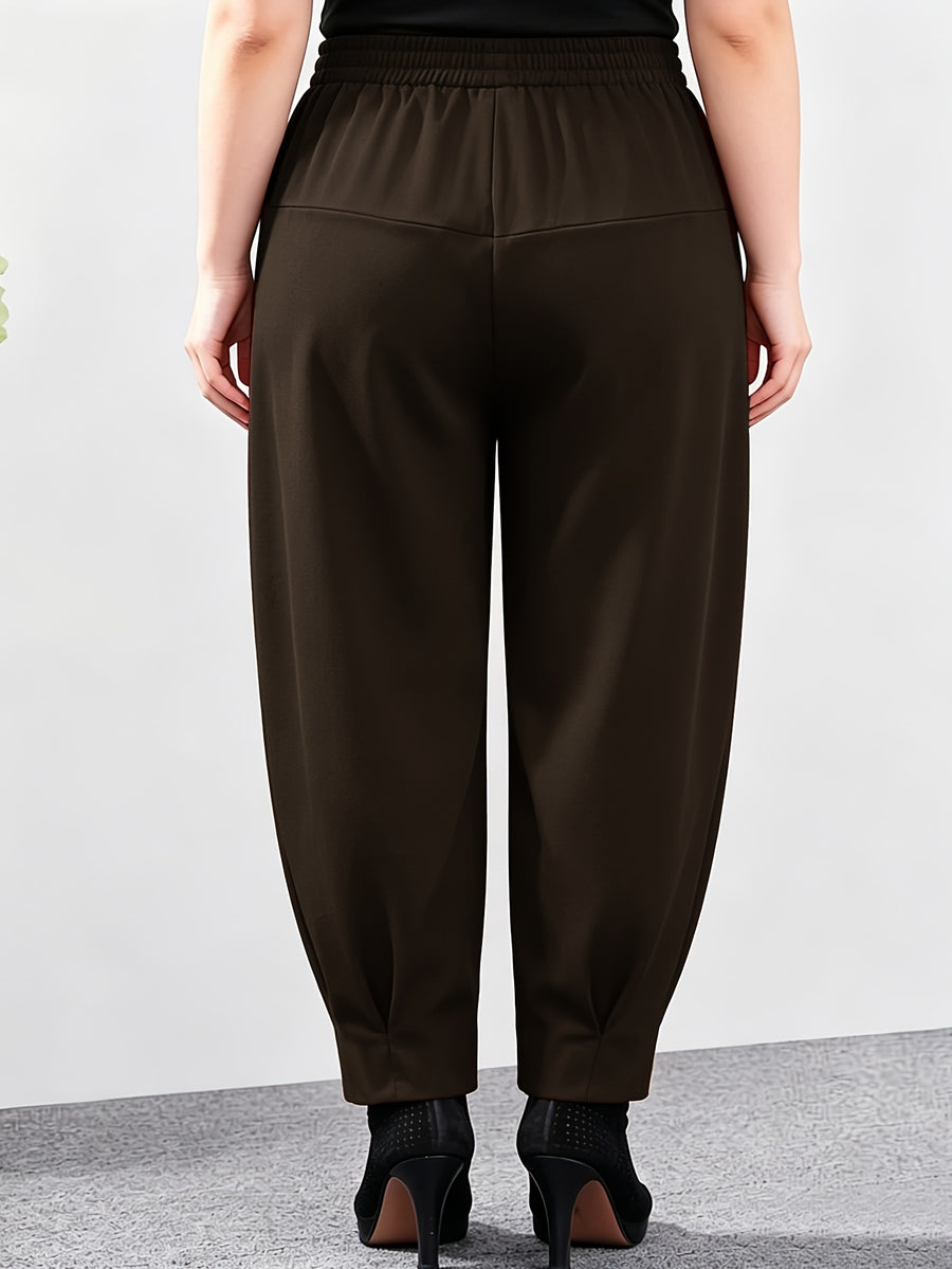Plus Size - Women'S Plus Size Spring And Autumn New Harem Pants, Slim-Fit Elastic Waist Casual Trousers - Coffee Color