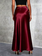 Women'S Elegant Slit Maxi Skirt - Satin Texture Christmas & Valentine'S Day Date Outfit, Suitable for Winter Holiday Parties & Office, Machine-Washable Luxury Design, High-End And Temperament-Enhancing with Festive Charm - Red