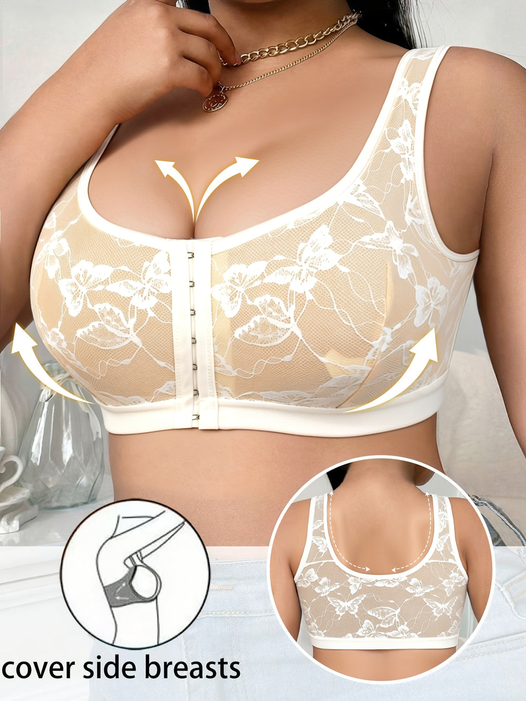 Plus Size Women's Sexy Front-Button Butterfly Mesh Breathable Comfortable Bra, New Spring/Summer Wire-Free Vest Top - White