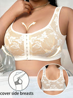 Plus Size Women's Sexy Front-Button Butterfly Mesh Breathable Comfortable Bra, New Spring/Summer Wire-Free Vest Top - White