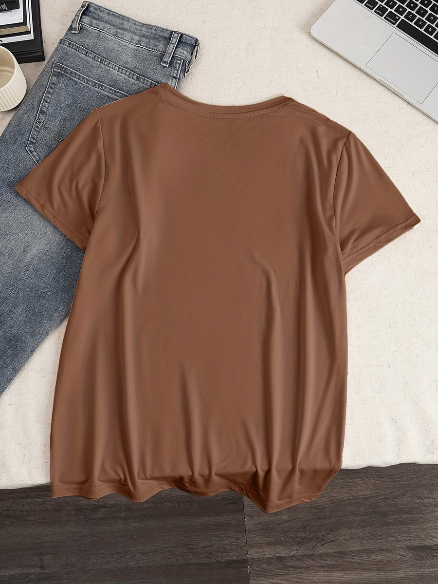Graphic Print T-Shirt, Short Sleeve Crew Neck Casual Top for Summer & Spring, Women'S Clothing - Coffee Brown