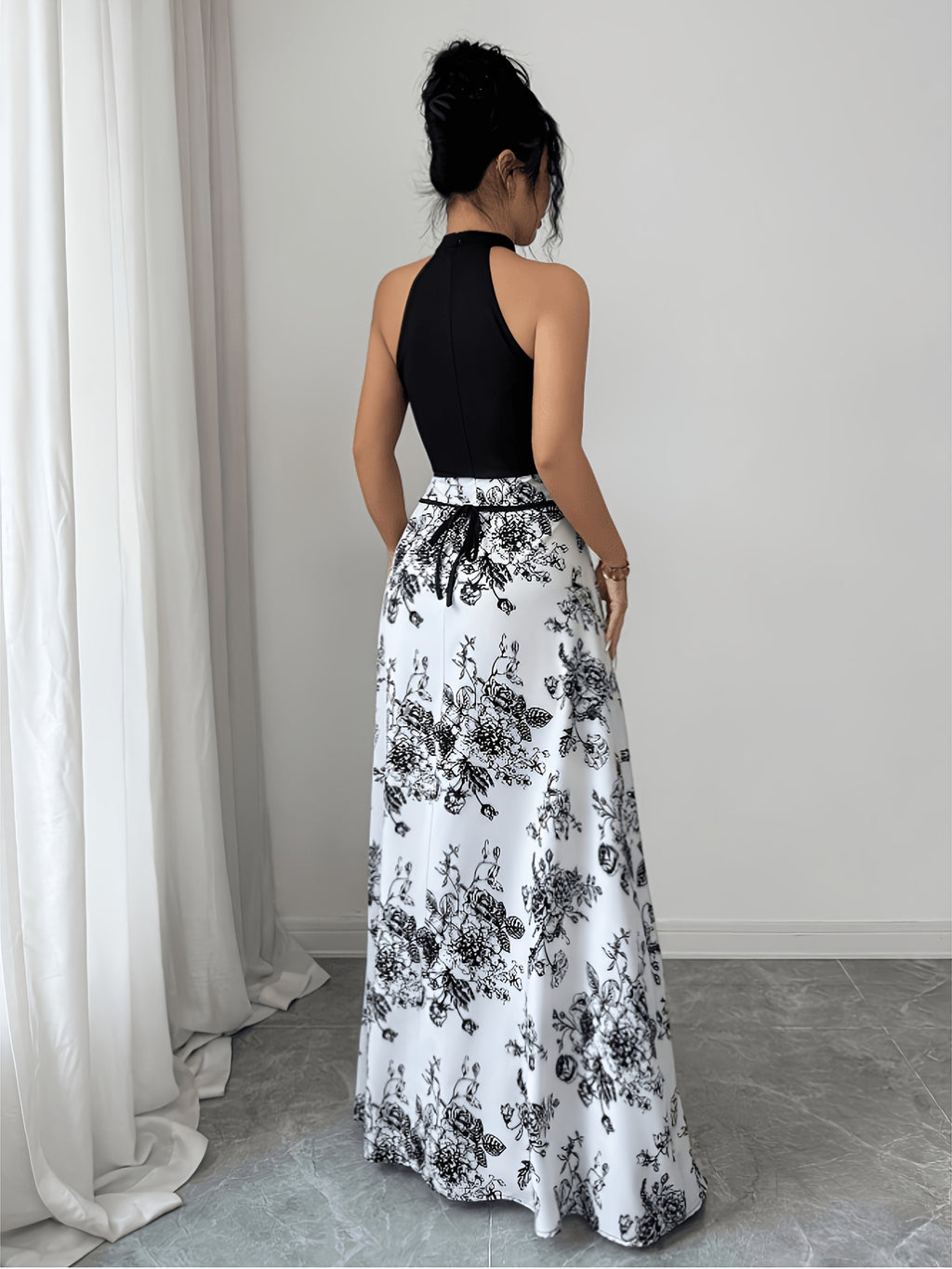 ASD1 Women's New Summer French-Style Patchwork Sleeveless Dress, Unique Design Printed Backless Color-Block Slim Fit Belted Dress - Black