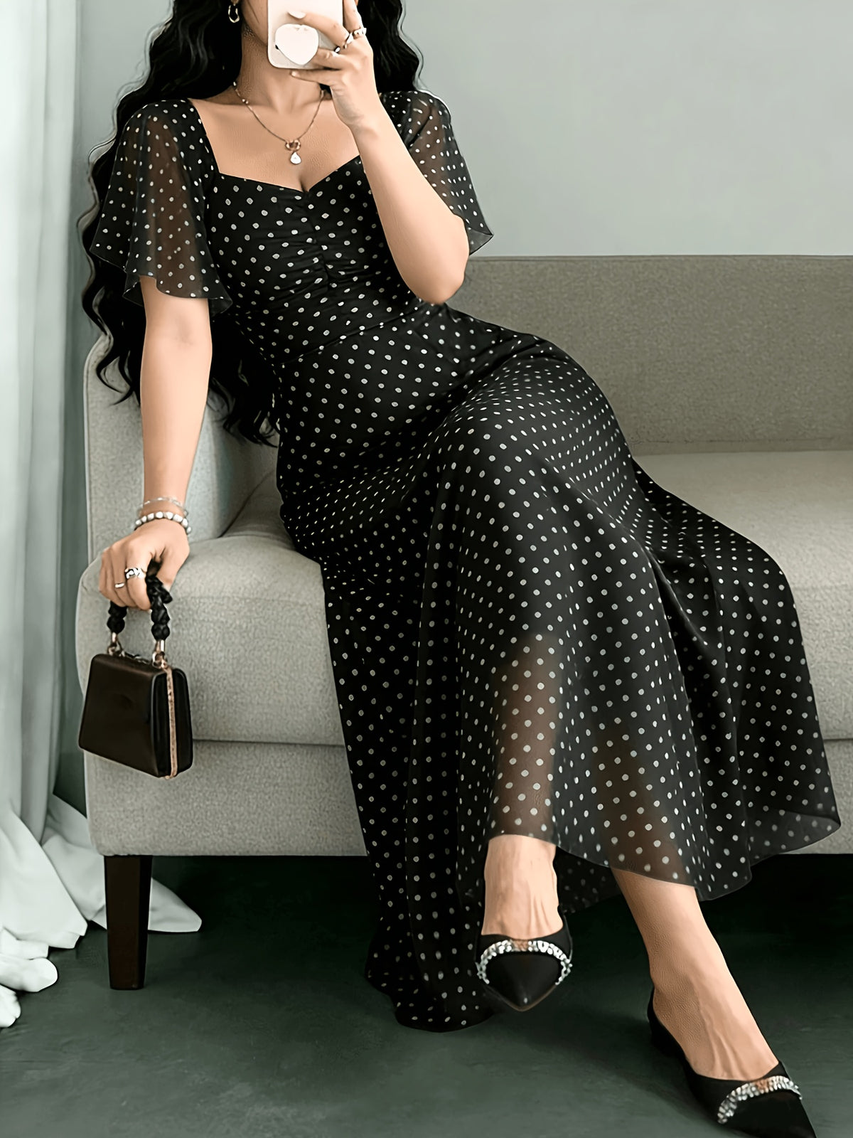 New Summer 2026 Chiffon Polka Dot Print Batwing Sleeve Sweet French-Style Mini Dress, Summer Maxi Dress - White Dots On Black Background