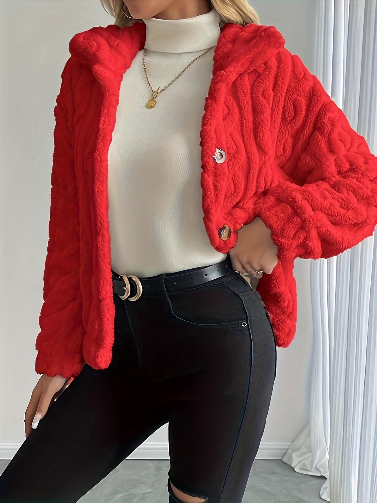 Double-Sided Lapel Button Elegant Top Coat - Red