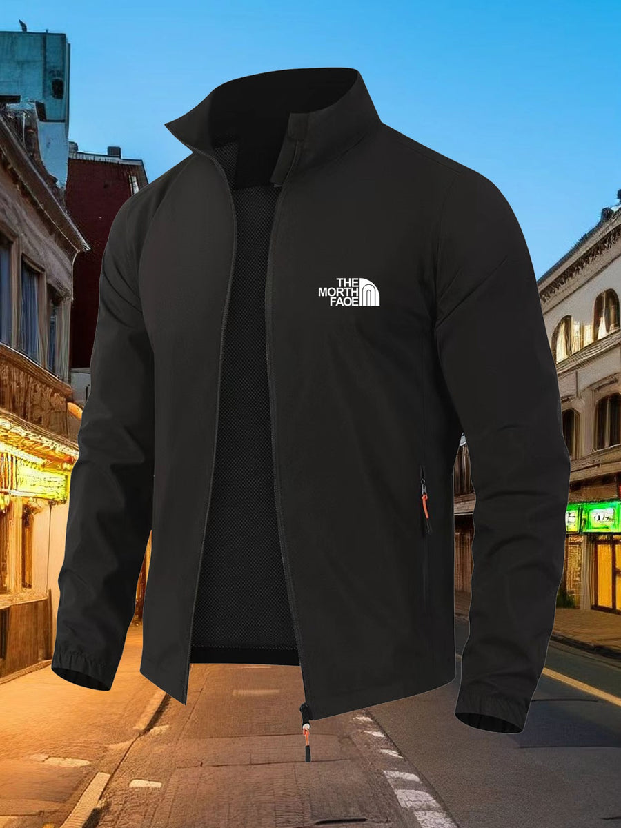 2026 New Model Men's Outdoor Men's Windproof Mountaineering Sport Jacket, Lightweight and Comfortable High-quality Raincoat, Fashionable and Trendy  Pattern Design, Suitable for Spring and Autumn Seasons, Essential for Outdoor Activities. - Black