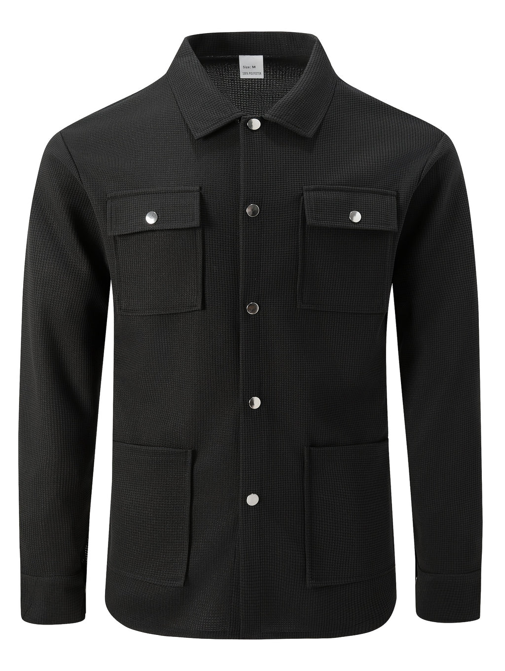 Mens Textured Waffle Shacket Collar Button Front Multi Pocket Long Sleeve Outerwear Top - Black