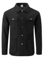 Mens Textured Waffle Shacket Collar Button Front Multi Pocket Long Sleeve Outerwear Top - Black