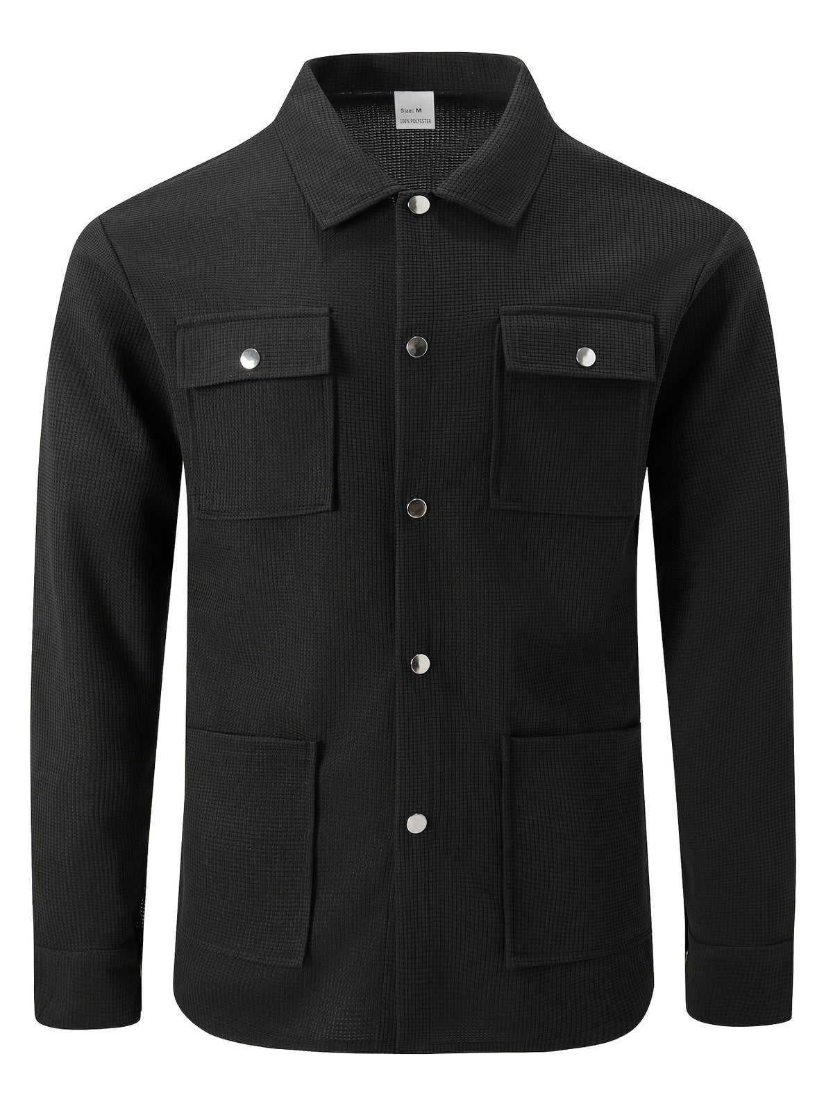 Mens Textured Waffle Shacket Collar Button Front Multi Pocket Long Sleeve Outerwear Top - Black