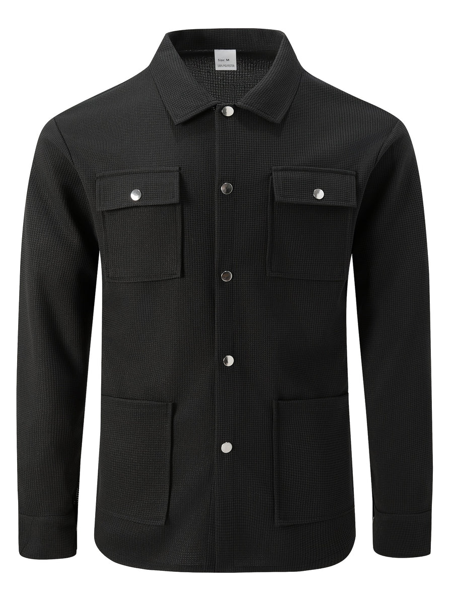 Mens Textured Waffle Shacket Collar Button Front Multi Pocket Long Sleeve Outerwear Top - Black