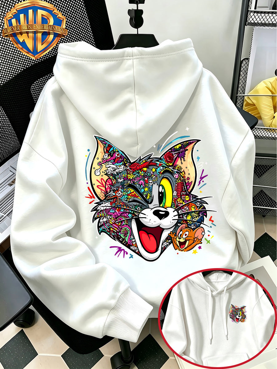 Autumn Winter Trendy Fashion Drawstring Pocket Hooded Men'S Sweatshirt, Multi-Color Graffiti Fun Cool Classic Mouse Cat Head Cartoon Print Design, Sporty Fashion Loose Hoodie, Casual Daily Wear, Trendy For, Suitable for Home And Outings, Unisex - White