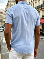 Men's Short-sleeve Shirt, Made of Comfortable and Breathable Fabric, Suitable for Daily Outings, Outdoor Sports, Travel, and Vacations. Lightweight and Airy with a Regular Fit, Ideal for the Beach, Hiking, Evening Wear, and Casual Street Style. - Sky Blue