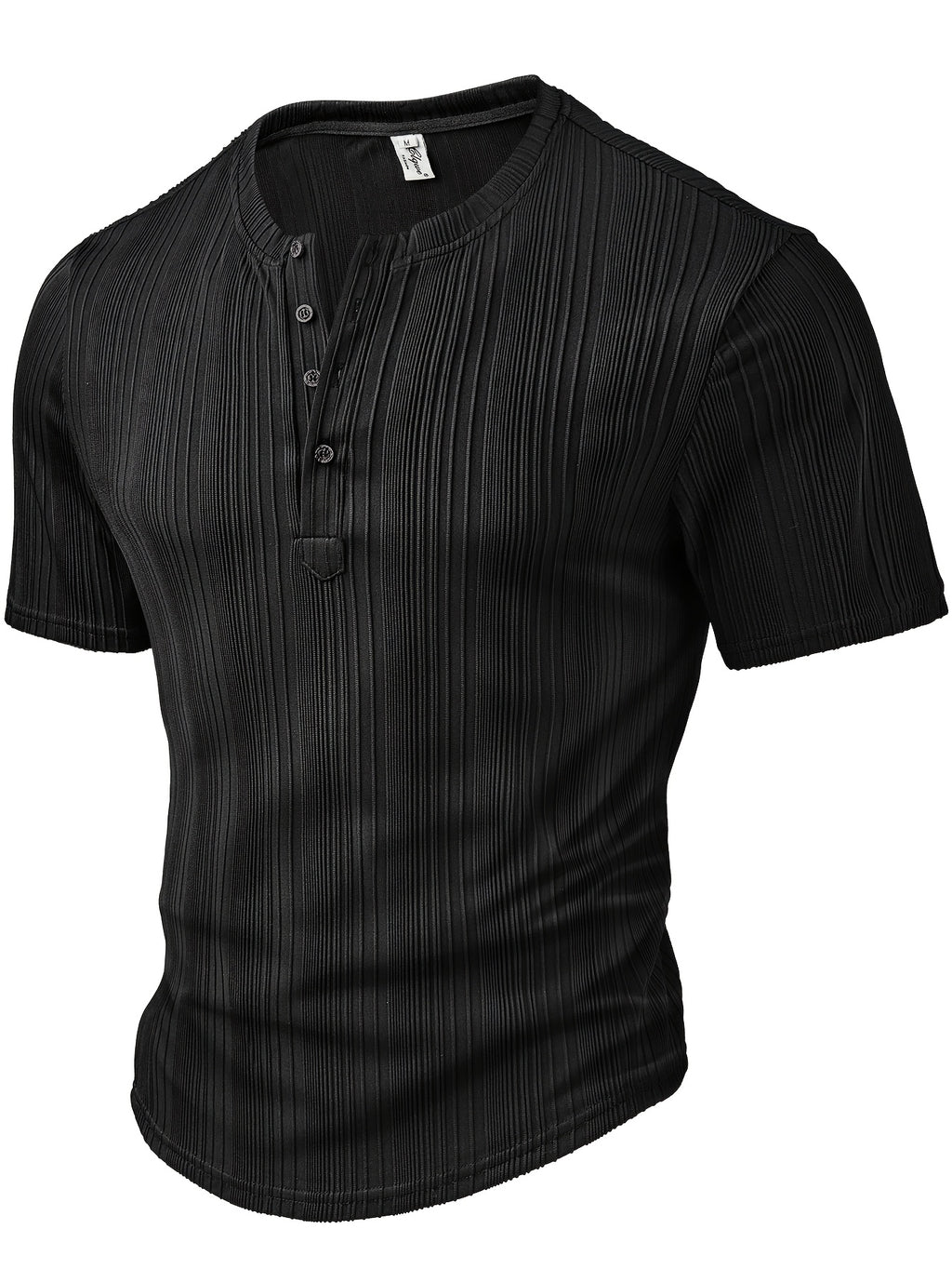 Men's Fashion Top, Spring/Summer Outdoor Casual Textured Fabric, Solid Color Round Neck Single-Breasted Short Sleeve Henley Shirt - Black