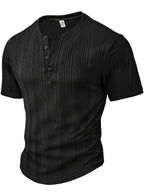 Men's Fashion Top, Spring/Summer Outdoor Casual Textured Fabric, Solid Color Round Neck Single-Breasted Short Sleeve Henley Shirt - Black